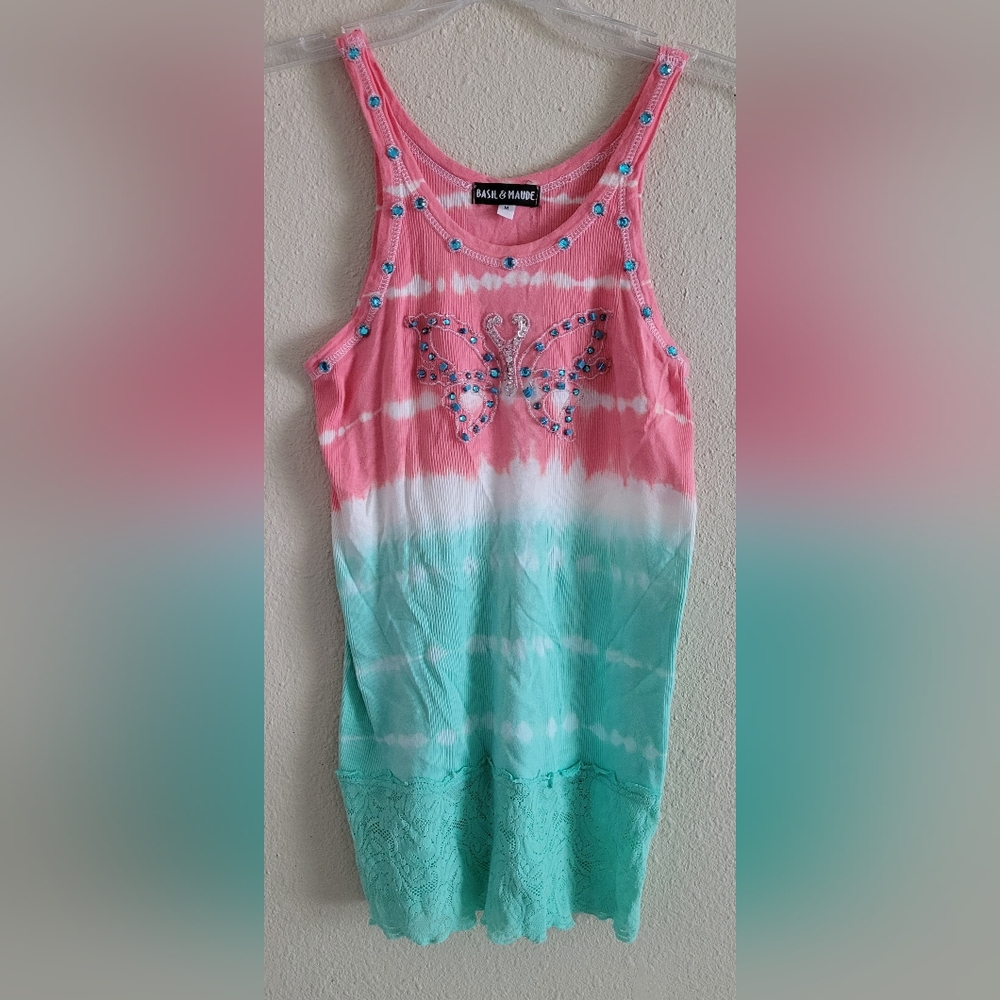 Basil and Maude Sz M Vintage Jeweled Sparkly Butterfly tank top